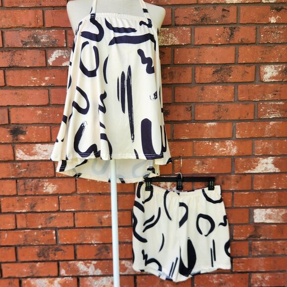 Abstract Print Halter Top & Shorts Set OXL Polyester Black/White - Picture 1 of 6